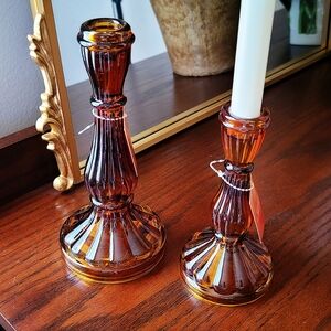 Amber Glass Taper Candle Holder Set NWT